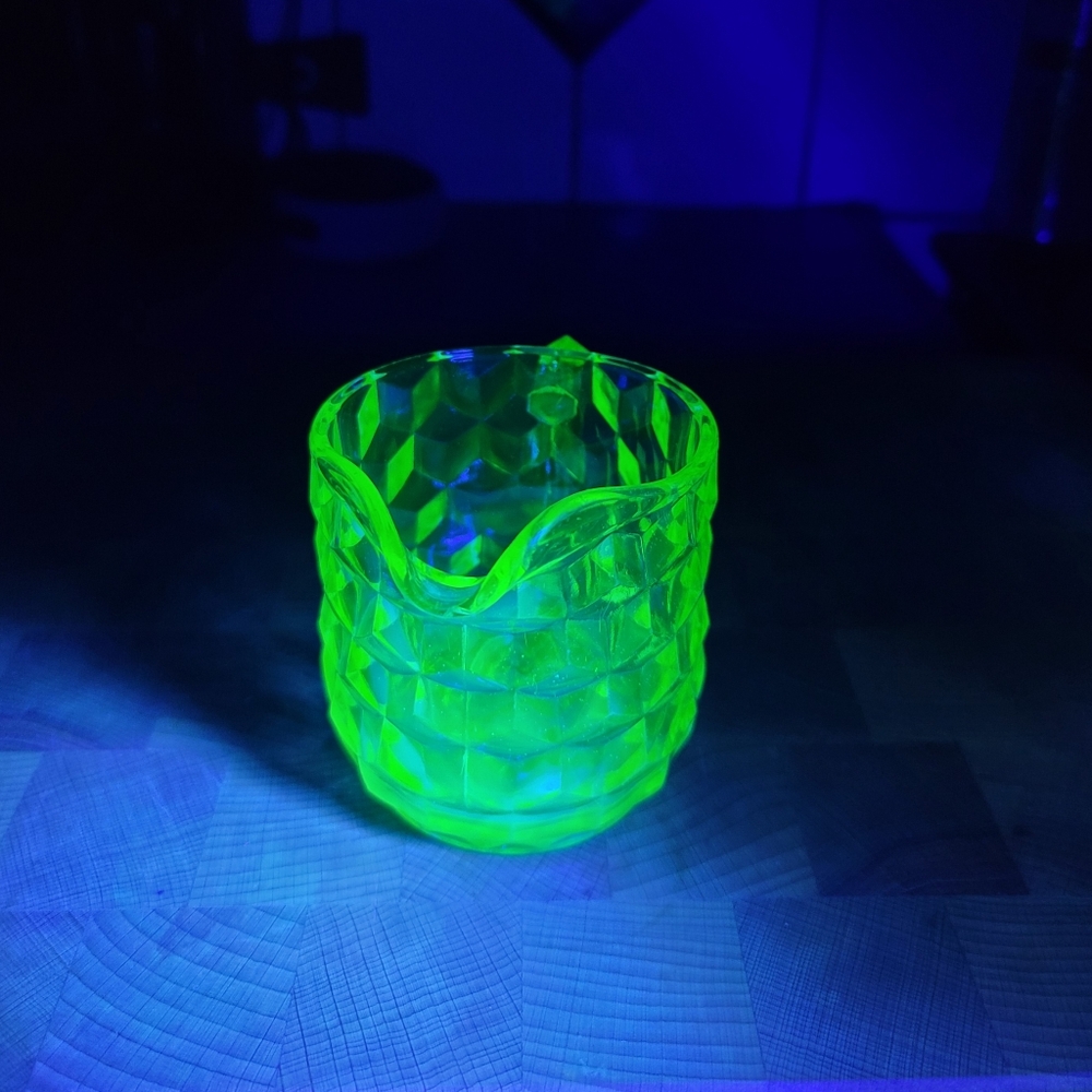 Uranium Glass Depression Glass Pitcher Creamer Cubist Pattern UV Glowing Glass - Picture 2 of 9